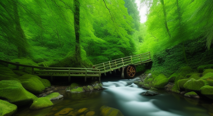 a tiny old wooden waterwheel moves gently with the water in a slow creak passing through a verdant forest